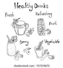 
Coloring, black and white graphics on berries, fruits, and healthy drinks.