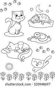 Coloring black and white illustration: seven different cute dogs for children.