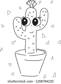 Coloring Black and white linear sketch cactus for coloring book, page