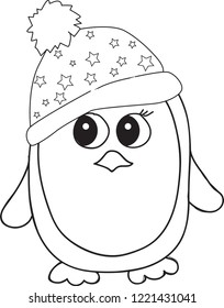 Coloring Black and white linear sketch penguin for coloring book, page