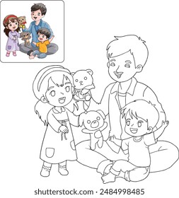 coloring a black and white picture of a happy family