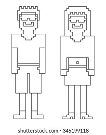 Coloring book - 2 isolated 8bit (pixel) human characters - man and woman