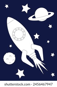 coloring book, A4 format, rocket, planets on a blue background, coloring book for children 2-3 years old