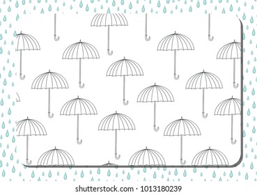 Coloring book. A4 horizontal page with cute cartoon umbrellas. Background with light blue drops. Vector.