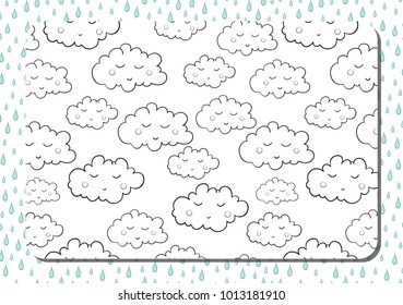 Coloring book. A4 horizontal page with cute cartoon sleeping clouds. Background with light blue drops.
