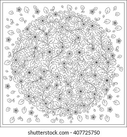 Coloring book for adult and children. Coloring page with vintage flowers pattern. Floral ornament. Art mandala style. Black and white background. Could be use for coloring book in zentangle style.