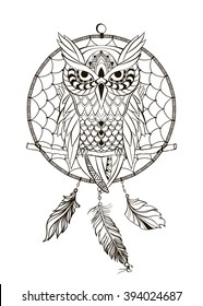 Coloring book for adult Dream catcher owl. Vector illustration isolated.  Retro banner, invitation, card, t-shirt, bag, postcard, poster.