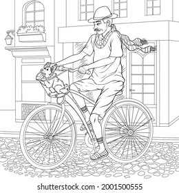 Coloring book for an adult man with a dog on a bicycle. Coloring book in line style. European landscapes. Collection of Europe. Vector illustration.
