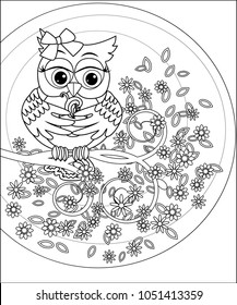Coloring book for adult and older children. Coloring page with cute owl and flowers. Outline drawing in zentangle style