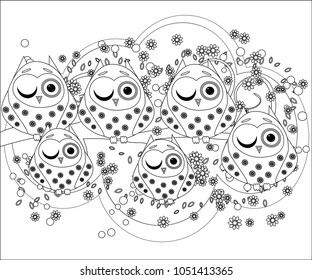 Coloring book for adult and older children. Coloring page with cute owl and flowers. Outline drawing in zentangle style