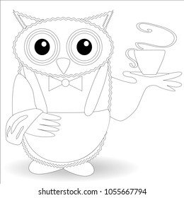 Coloring book for adult and older children. Coloring page with cute owl and flowers. Outline drawing in zentangle style