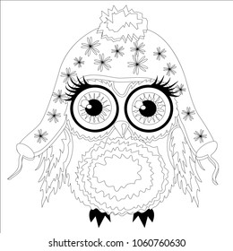 Coloring book for adult and older children. Coloring page with cute owl and flowers. Outline drawing in zentangle style