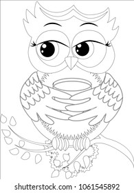 Coloring book for adult and older children. Coloring page with cute owl and flowers. Outline drawing in zentangle style