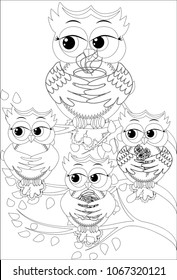Coloring book for adult and older children. Coloring page with cute owl and flowers. Outline drawing in zentangle style