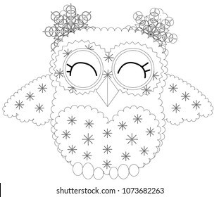 Coloring book for adult and older children. Coloring page with cute owl and floral frame. Outline drawing in zentangle style
