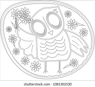 Coloring book for adult and older children. Coloring page with cute owl and floral frame. Outline drawing in zentangle style