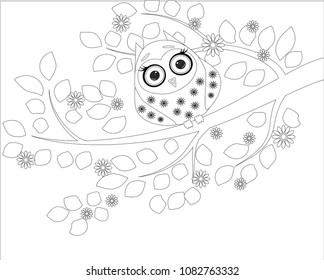 Coloring book for adult and older children. Coloring page with cute owl and floral frame. Outline drawing in zentangle style