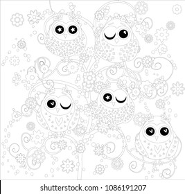 Coloring book for adult and older children. Coloring page with cute owl and floral frame. Outline drawing in zentangle style