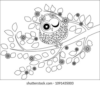 Coloring book for adult and older children. Coloring page with cute owl and floral frame. Outline drawing in zentangle style