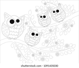 Coloring book for adult and older children. Coloring page with cute owl and floral frame. Outline drawing in zentangle style