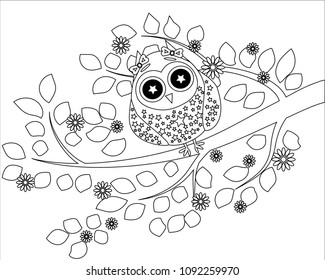 Coloring book for adult and older children. Coloring page with cute owl and floral frame. Outline drawing in zentangle style