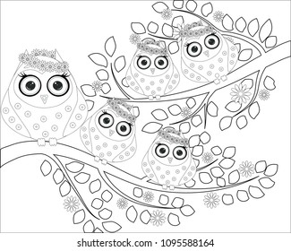 Coloring book for adult and older children. Coloring page with cute owl and floral frame. Outline drawing in zentangle style