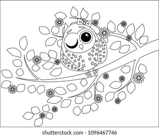 Coloring book for adult and older children. Coloring page with cute owl and floral frame. Outline drawing in zentangle style