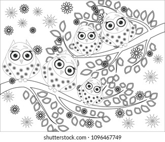 Coloring book for adult and older children. Coloring page with cute owl and floral frame. Outline drawing in zentangle style