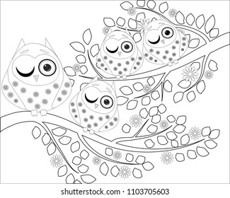 Coloring book for adult and older children. Coloring page with cute owl and floral frame. Outline drawing in zentangle style