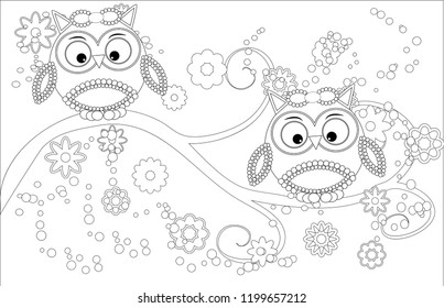 Coloring book for adult and older children. Coloring page with cute owl and floral frame. Outline drawing in zentangle style