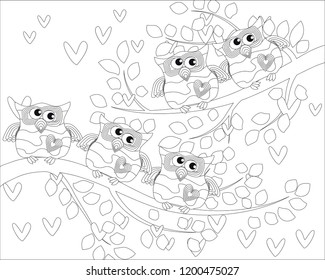 Coloring book for adult and older children. Coloring page with cute owl and floral frame. Outline drawing in zentangle style