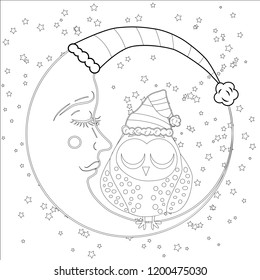 Coloring book for adult and older children. Coloring page with an owl on the moon among the stars.