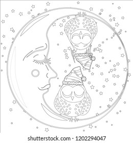 Coloring book for adult and older children. Coloring page with an owl on the moon among the stars.
