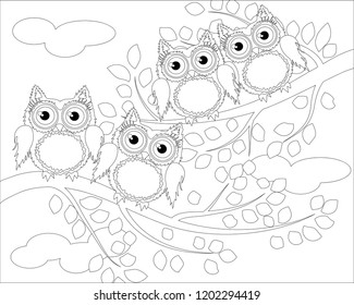 Coloring book for adult and older children. Coloring page with cute owl and floral frame. Outline drawing in zentangle style