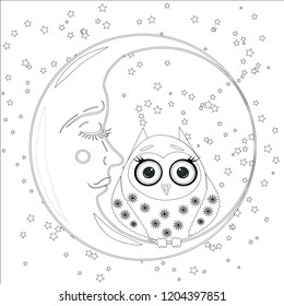 Coloring book for adult and older children. Coloring page with an owl on the moon among the stars.
