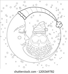 Coloring book for adult and older children. Coloring page with an owl on the moon among the stars.