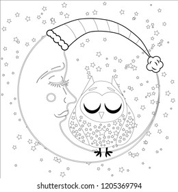 Coloring book for adult and older children. Coloring page with an owl on the moon among the stars.