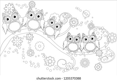 Coloring book for adult and older children. Coloring page with cute owl and floral frame. Outline drawing in zentangle style