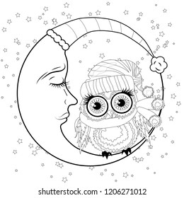Coloring book for adult and older children. Coloring page with an owl on the moon among the stars.