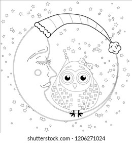 Coloring book for adult and older children. Coloring page with an owl on the moon among the stars.