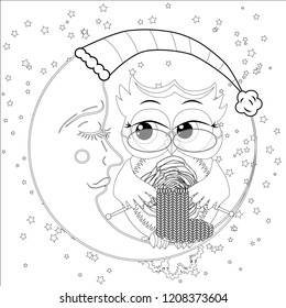 Coloring book for adult and older children. Coloring page with an owl on the moon among the stars.