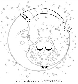 Coloring book for adult and older children. Coloring page with an owl on the moon among the stars.