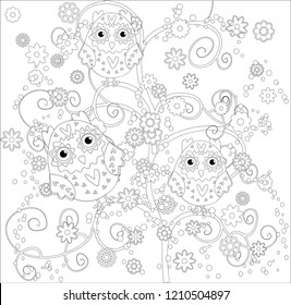 Coloring book for adult and older children. Coloring page with cute owl and floral frame. Outline drawing in zentangle style