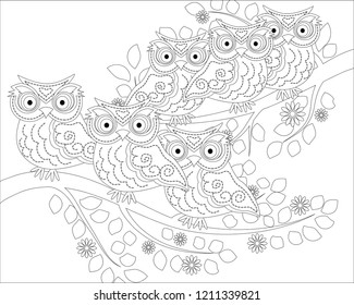 Coloring book for adult and older children. Coloring page with cute owl and floral frame. Outline drawing in zentangle style