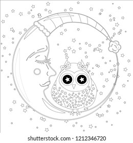 Coloring book for adult and older children. Coloring page with an owl on the moon among the stars.