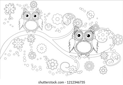 Coloring book for adult and older children. Coloring page with cute owl and floral frame. Outline drawing in zentangle style
