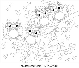 Coloring book for adult and older children. Coloring page with cute owl and floral frame. Outline drawing in zentangle style