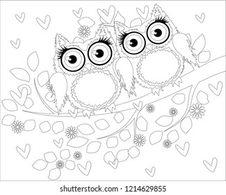 Coloring book for adult and older children. Coloring page with cute owl and floral frame. Outline drawing in zentangle style