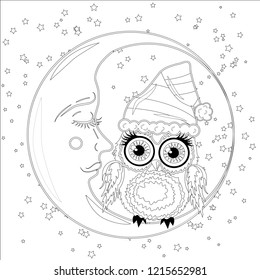 Coloring book for adult and older children. Coloring page with an owl on the moon among the stars.