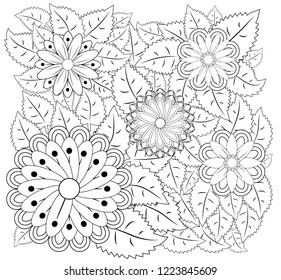 Coloring book for adult and older children. Coloring page with vintage flowers pattern